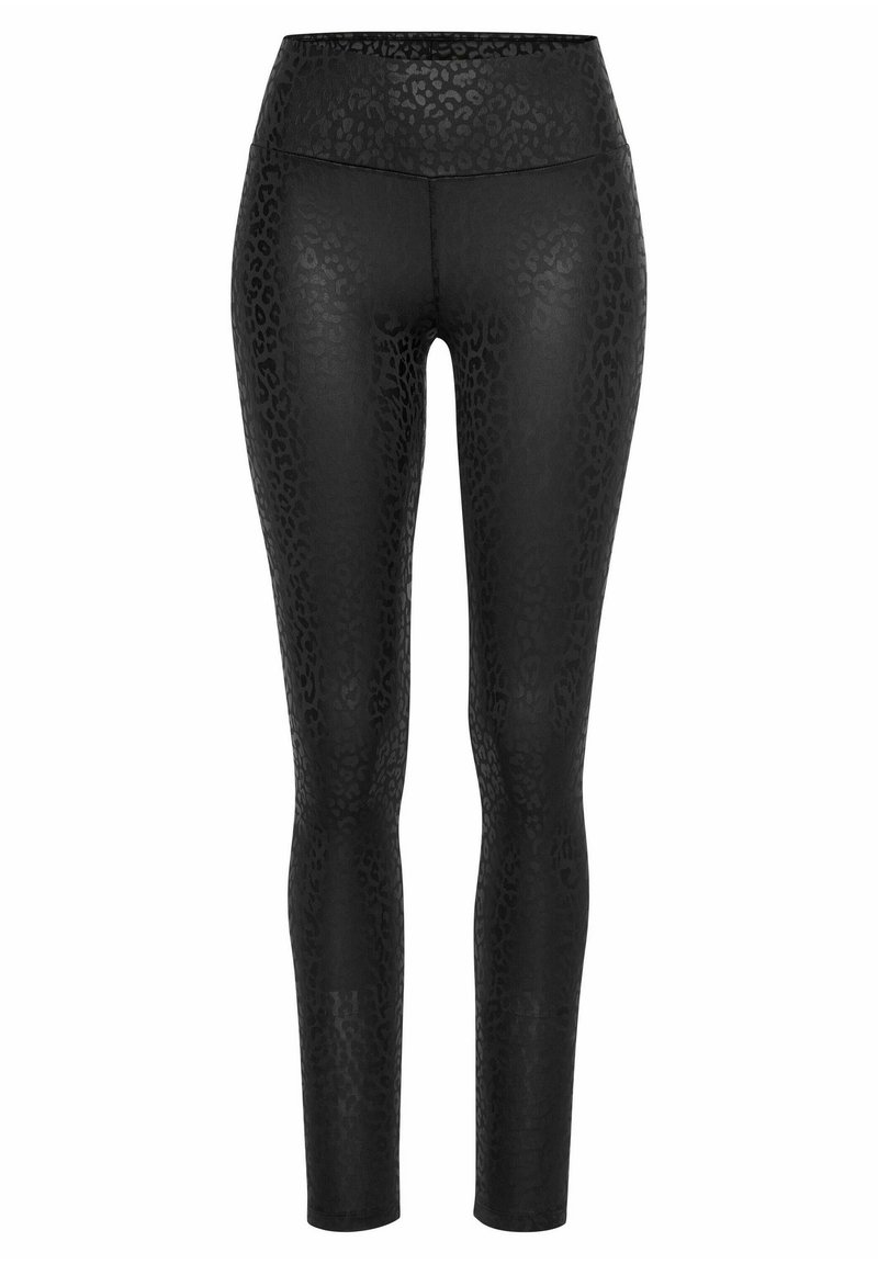 Leggings noirs avec un motif léopard subtil, fabriqués dans un matériau extensible et dotés d'une taille haute pour un ajustement élégant.