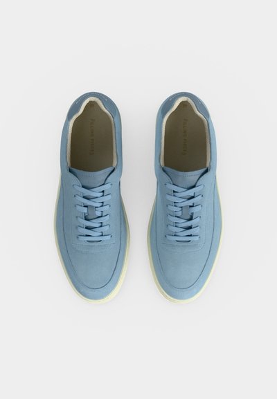 Ζευγάρι ανοιχτό μπλε σουέτ αθλητικά παπούτσια με λευκές σόλες και κορδόνια, από πάνω σε λευκό φόντο.