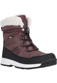 Braune wasserdichte Stiefel mit einem Kragen aus Kunstfell, Schnürung auf der Vorderseite, Gummisohle und gepolstertem Innenfutter für Wärme und Komfort.