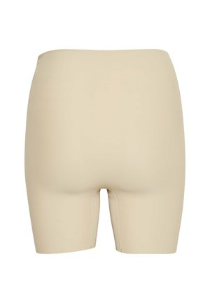 Beige, shorts tot halverwege de dij in een glad, elastisch materiaal met een uitsnijding bij het kruis en gestikte details langs de naden.