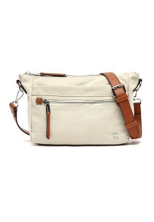 Bež platnena torbica za čez ramo z žepom z zadrgo spredaj in nastavljivim rjavim usnjenim trakom s srebrno zaponko in sponkami.