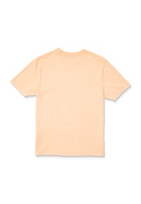 Kortærmet t-shirt i blødt ferskenfarvet stof, normal pasform, rund halsudskæring, glat tekstur, uden mønstre eller detaljer på ryggen.