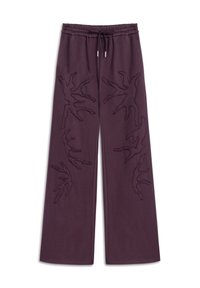 Paarse joggingbroek met een wijde pijpvoering, voorzien van geperste geborduurde patronen die op takken lijken aan de zijkanten en een elastische tailleband.