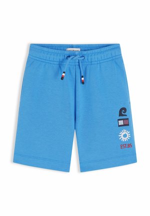 Pantaloncini blu per bambini piccoli con vita elasticizzata e coulisse, con icone di sole, onda, bandiera e testo "EST.85" sulla gamba destra.