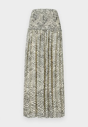 Jupe maxi crème avec un motif abstrait noir. Caractéristiques : taille smockée, design plissé et silhouette fluide.