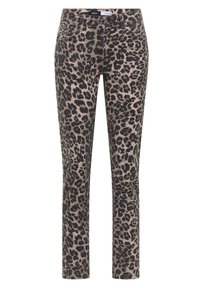 Džínsy s leopardím potiskem vyrobené z denimu, s přiléhavým střihem, pěticí kapsami a knoflíkovým zapínáním v pase.