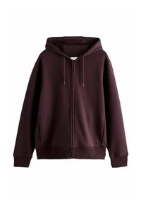 Sweat à capuche zippé marron foncé avec manches longues, poches avant, capuche avec cordon de serrage et poignets et ourlet côtelés, présenté sur fond blanc.