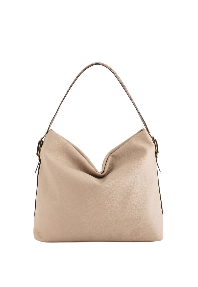 Beżowa skórzana torebka o luźnym kształcie, z fałdą na środku, wzorzystym paskiem i akcentami w złotym kolorze.