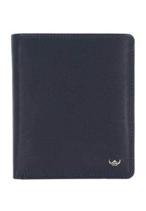 Portefeuille bifold en cuir bleu marine foncé avec des bords cousus et un petit logo métallique argenté en bas à droite.