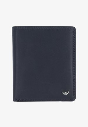 Portefeuille bifold en cuir bleu marine foncé avec des bords cousus et un petit logo métallique argenté en bas à droite.
