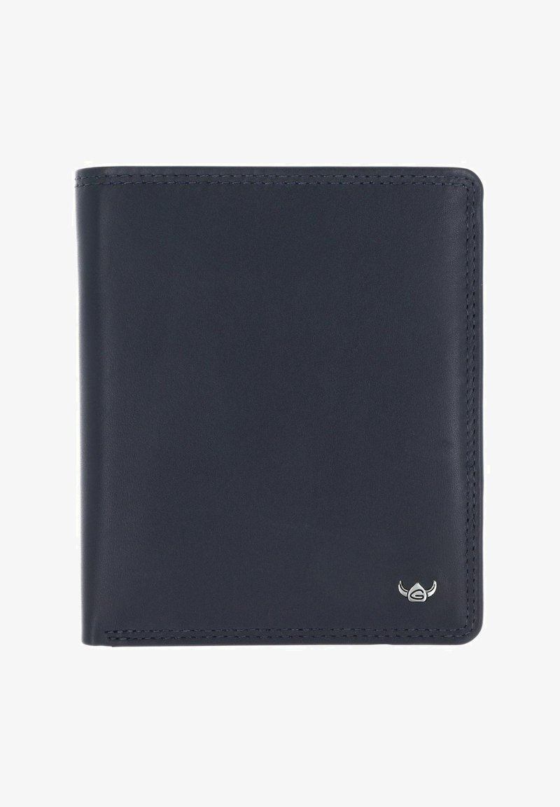 Portefeuille bifold en cuir bleu marine foncé avec des bords cousus et un petit logo métallique argenté en bas à droite.