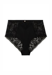 Culotte noire taille haute avec un revêtement en dentelle sur les côtés, un panneau central lisse et une bordure en dentelle festonnée le long des bords.