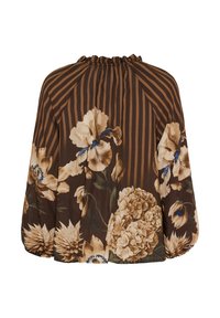 Brun bluse med lodrette striber, stort beige og blåt blomstermønster, samlet halsudskæring og elastiske manchetter på lange ærmer.