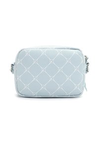 Borsa a tracolla rettangolare azzurro chiaro realizzata in materiale sintetico testurizzato, con un motivo a diamante bianco e accessori in metallo argentato.