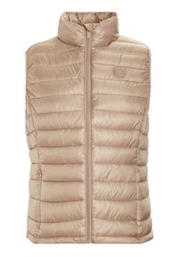 Beige Weste aus Pufferstoff mit hohem Kragen, Frontreißverschluss und horizontal gesteppten Abschnitten. Glatte Textur mit einem Logo auf der linken Seite.