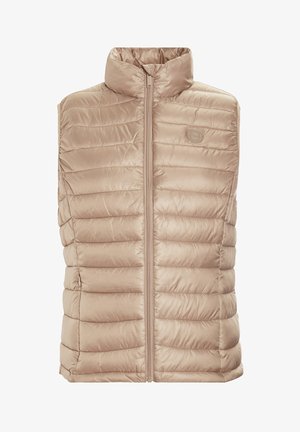 Gilet imbottito beige con colletto alto, zip frontale e sezioni trapuntate orizzontali. Tessuto liscio con logo sul lato sinistro.