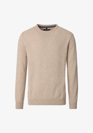 Beige long-sleeve sweater made of soft fabric, featuring a round neck, ribbed cuffs and hem, with a smooth texture and no visible patterns.