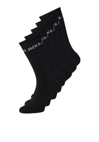 Chaussettes en coton noir, vendues par lots de cinq, avec un design côtelé et un texte blanc sur le bord. Texture douce et forme de chaussette standard.