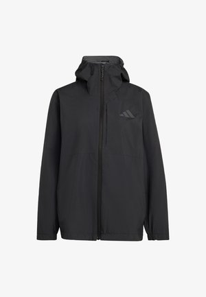 Zwarte lichtgewicht regenjas met ritssluiting, verstelbare capuchon, elastische manchetten en een reflecterend logo op de borst.