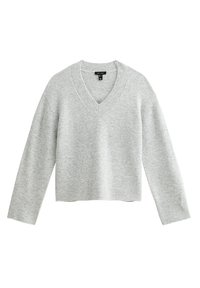 Pull en tricot gris clair avec un col en V, des manches longues et un ourlet côtelé. Texture douce avec une coupe décontractée, adapté à une tenue décontractée.
