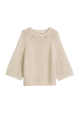 Pull beige en maille à manches longues avec poignets côtelés et encolure ronde, avec une étiquette Marc O'Polo à l’intérieur du col.