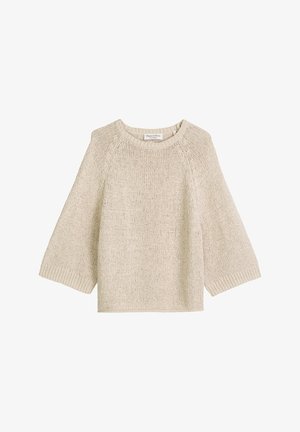 Pull beige en maille à manches longues avec poignets côtelés et encolure ronde, avec une étiquette Marc O'Polo à l’intérieur du col.