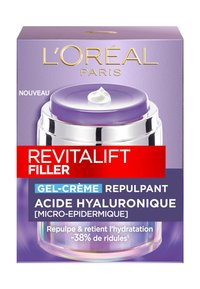 Gel-crème Revitalift Filler de L'Oréal dans un pot transparent avec un couvercle violet clair, étiqueté en rouge et bleu, mettant en avant les bienfaits de l'acide hyaluronique.