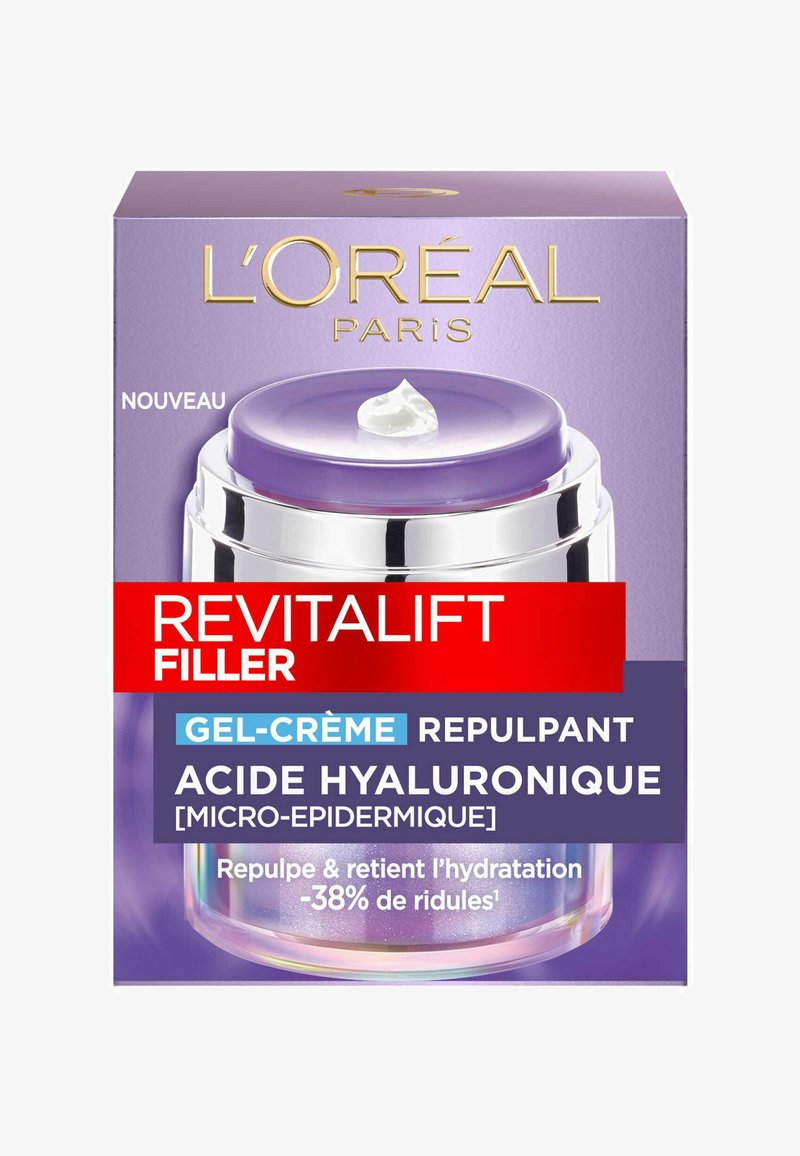 Gel-crème Revitalift Filler de L'Oréal dans un pot transparent avec un couvercle violet clair, étiqueté en rouge et bleu, mettant en avant les bienfaits de l'acide hyaluronique.