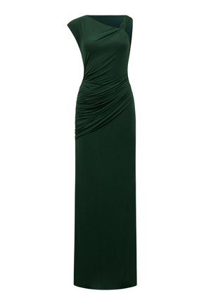 Dunkelgrünes, bodenlanges ärmelloses Kleid mit asymmetrischem Ausschnitt und gesammelten, drapierten Details am Oberteil und in der Taille.