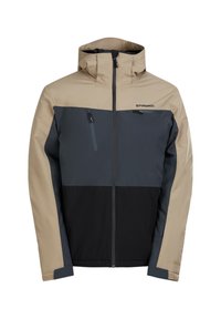 Bunda s kapucí, outdoor, s béžovými rukávy a rameny, tmavě šedým hrudníkem, černou dolní částí, dvěma kapsami na zip na hrudi a předním zipem.