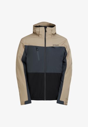 Bunda s kapucí, outdoor, s béžovými rukávy a rameny, tmavě šedým hrudníkem, černou dolní částí, dvěma kapsami na zip na hrudi a předním zipem.