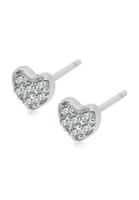 Srebrne kolczyki w kształcie serca z wieloma przezroczystymi kamieniami osadzonymi w zaokrąglonym wzorze z gładkimi metalowymi nóżkami.