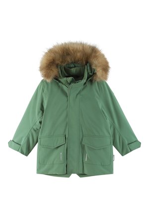 Grüne Parkajacke mit Kapuze aus Fell, zwei großen Fronttaschen und glatter Textur. Verfügt über einen Reißverschluss und verstellbare Bündchen.