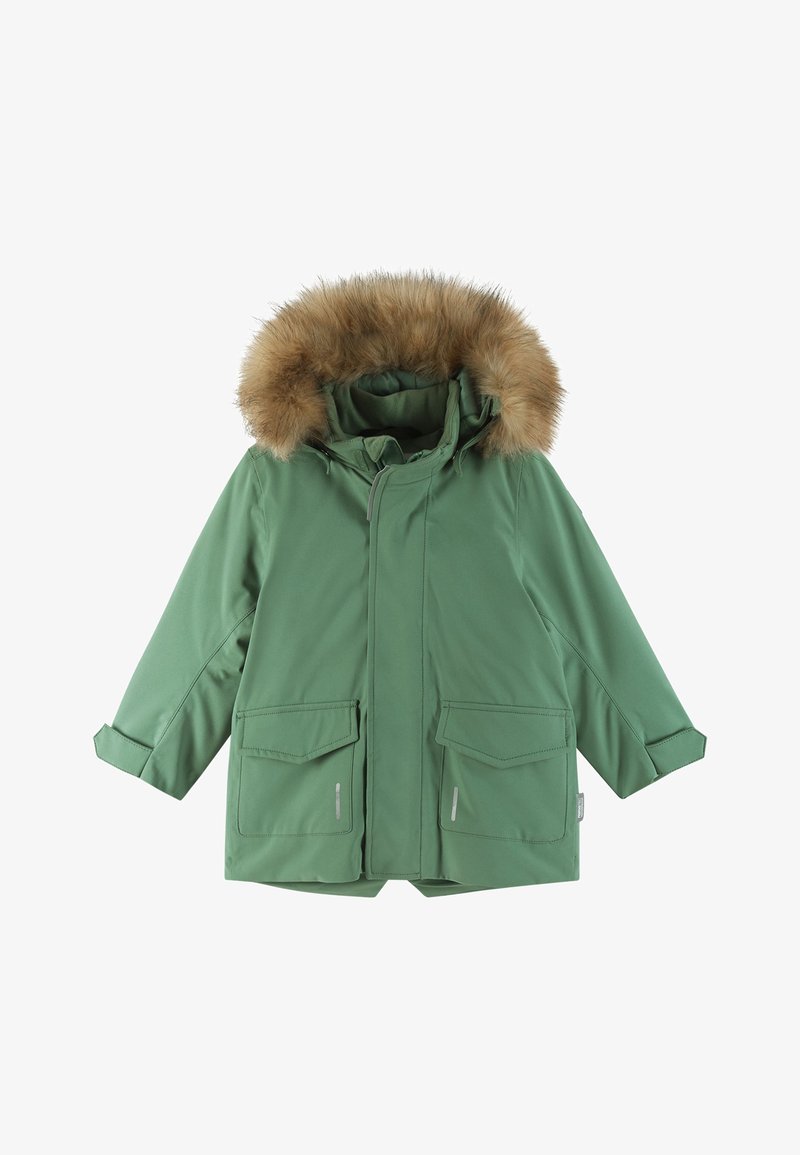Roheline parka jakk karvase kapuutsi äärega, kahe suure esipocketiga ja sileda tekstuuriga. Omab luku sulgemist ja reguleeritavaid varrukaotsi.