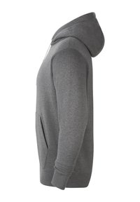 Grauer Kapuzenpullover mit einer Fronttasche, langen Ärmeln und einer Kordelzugkapuze. Das Material wirkt weich und strukturiert in einer einfarbigen Ausführung.