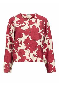 Rød blomstermønstret skjorte med knapper på en cremefarvet baggrund, med rund halsudskæring, lange ærmer og struktureret stof.
