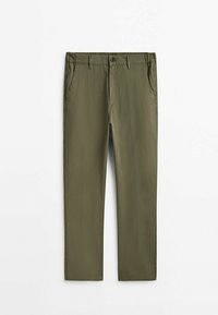Oliwkowe spodnie wykonane z lekkiego materiału, z zapięciem na guzik, dwoma bocznymi kieszeniami i prostym krojem nogawki.