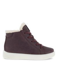 Scarpe high-top bordeaux scuro in pelle con fodera in pelliccia sintetica, suola in gomma bianca e punta rotonda, con lacci coordinati.