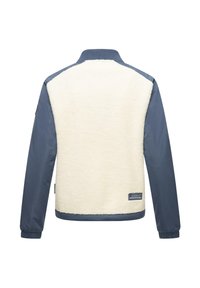 Veste en polaire doublée avec un corps crème et des manches et un col bleu marine. Comprend des poignets élastiques et une étiquette de marque sur le côté inférieur.