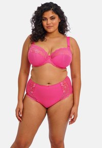 Pink mesh undergarment set featuring a structured bra with lace detailing and high-waisted brief with side panels.