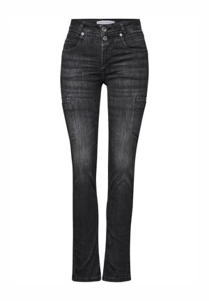 Jeans in denim nero con vestibilità affusolata, dotati di una vita media, tasche frontali doppie e cuciture decorative. Tessuto liscio con una leggera lucentezza.