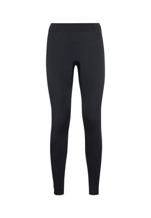 Svarte tights med høy livlinje, med teksturerte detaljer og en tettsittende design. Materialet er elastisk og glatt.