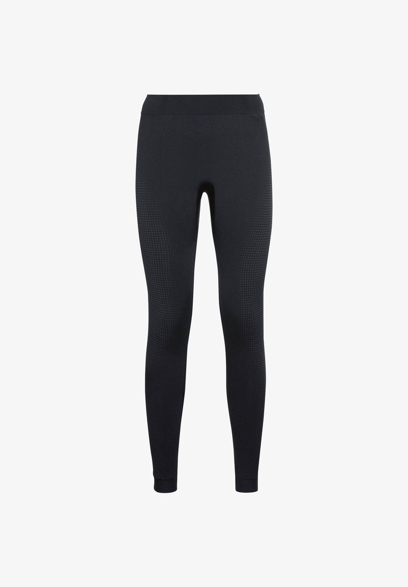 Black leggings with a high waistband, featuring textured accents and a fitted design. Material is stretchable and smooth.