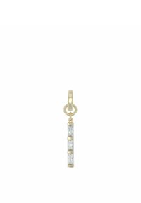 Pendiente de oro con un diseño minimalista que presenta una fila vertical de tres piedras rectangulares transparentes. Acabado metálico brillante, textura suave.