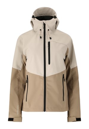 Beige og tan softshell-jakke med hætte, frontlynlås, bryst- og sidelommer med lynlås samt justerbare manchetter.