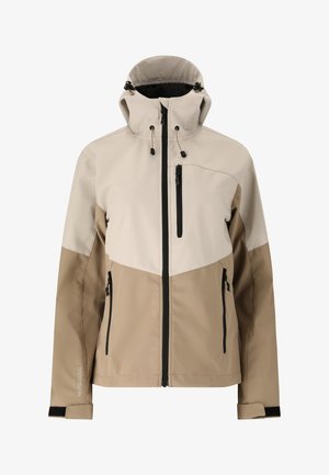 Beige og tan softshell-jakke med hætte, frontlynlås, bryst- og sidelommer med lynlås samt justerbare manchetter.