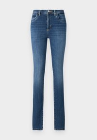 Blue denim jeans featuring a straight-leg cut, five pockets, a button and zipper closure, and a faded wash with subtle whiskering details.