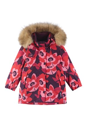 Cappotto invernale con fantasia floreale colorata, dotato di cappuccio foderato in pelliccia, realizzato in materiale resistente, con chiusura a zip e tasche laterali.