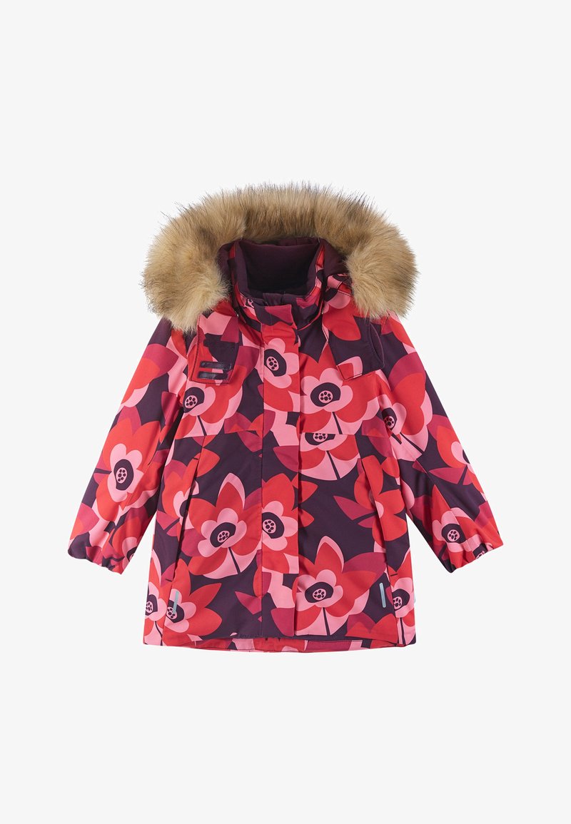 Bunter, floral gemusterter Wintermantel mit einer mit Fell gefütterten Kapuze, aus strapazierfähigem Material gefertigt, mit einem Reißverschluss und seitlichen Taschen.