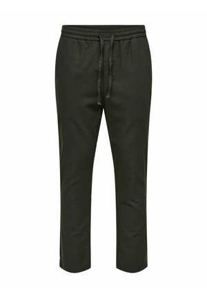 Dark green jogger pants made of soft fabric, featuring an elastic waistband, adjustable drawstring, and cropped length.